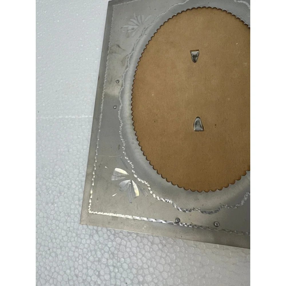 Vintage Etched Aluminum Picture Frame Oval Opening Easel Back Art Deco Floral